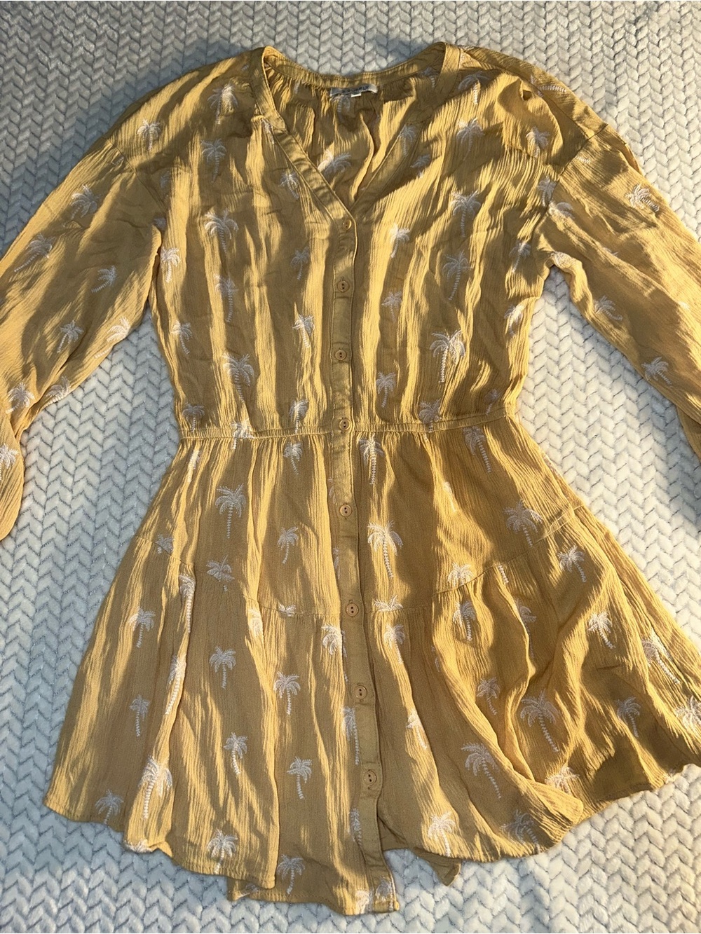 Z SUPPLY Easy To Love Palm Mini Dress Yellow Embroidered Elastic Waist Women S